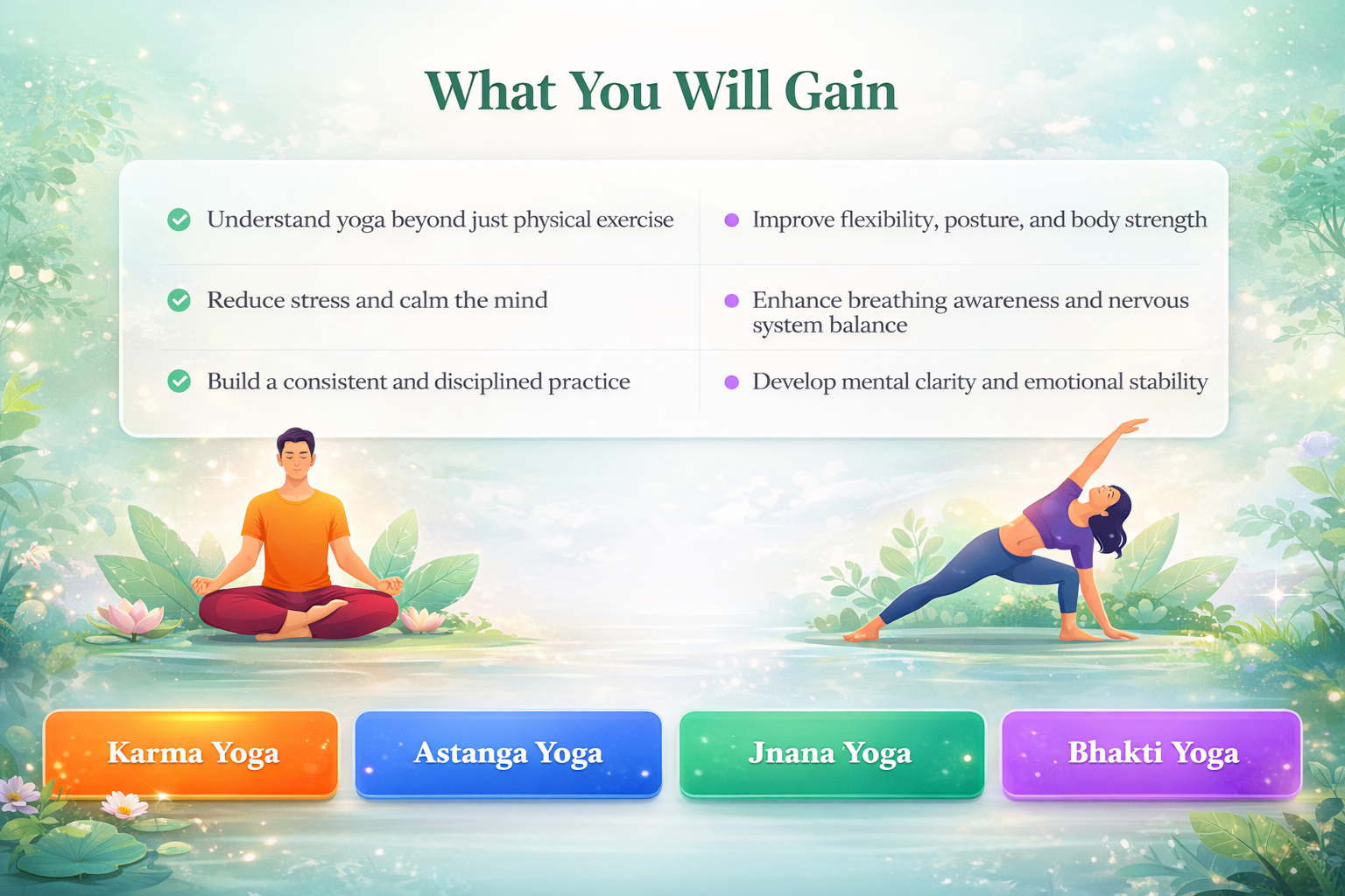 What You Will Gain - Yoga Benefits including Karma Yoga, Astanga Yoga, Jnana Yoga, and Bhakti Yoga